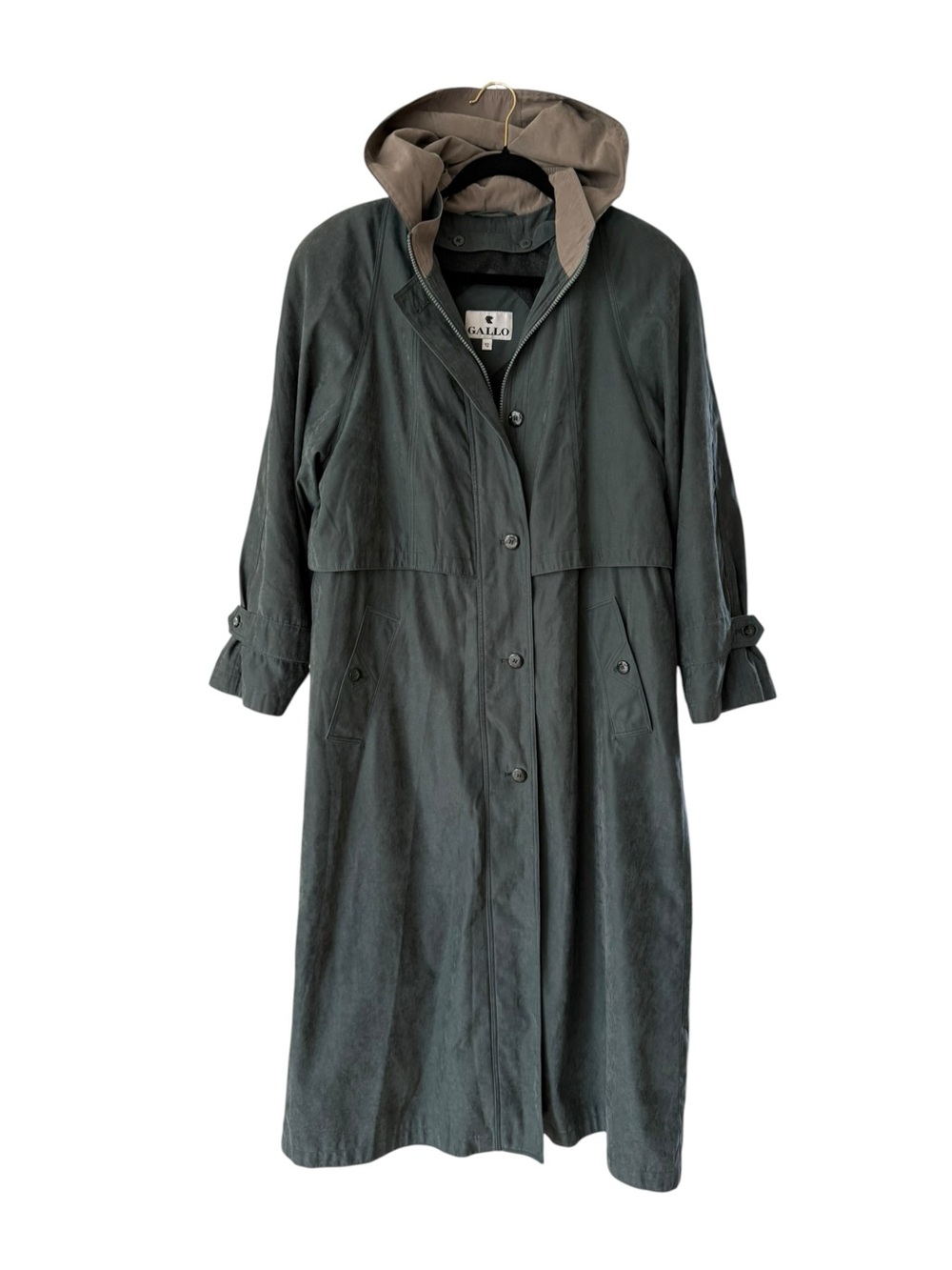 GALLO Vintage Dark Green Long Hooded Trench Duster Coat Jacket Wool Lining